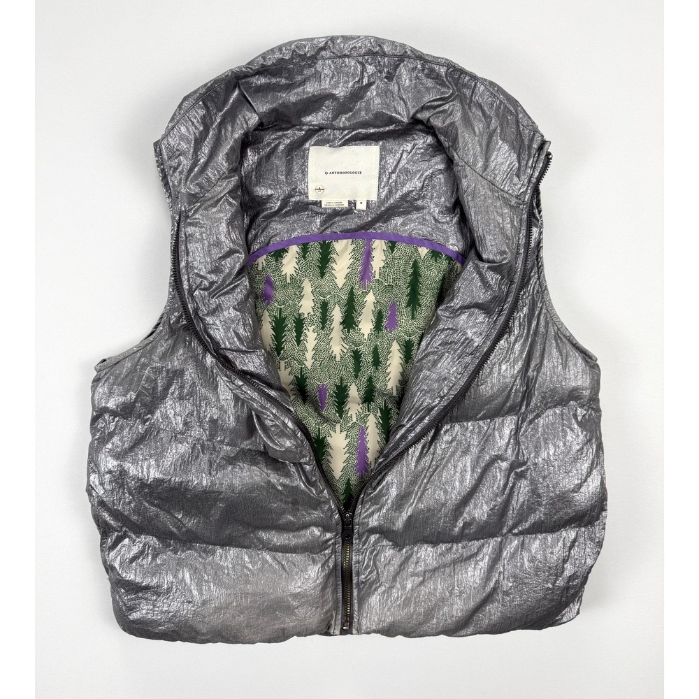 Anthropologie Metallic Silver Puffer Vest Women M Quilted Zip High Collar #3007
